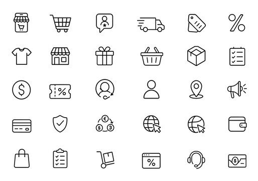 Line editable e-commerce and shopping icon set, including mobile store, cart, testimonials, shipping and delivery, fashion, vector illustration, omnichannel retail interface icons pack.