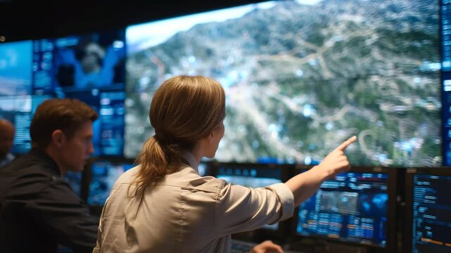 An immersive digital war-room-like environment where rescue staff coordinate via interactive screens showing D terrain models, evacuation zones, and GPS-tracked responder units
