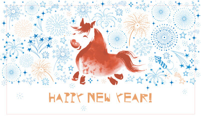 Chinese new year 2026 year of the horse  Traditional oriental ink painting sumi-e, u-sin, go-hua. Simple minimalist greeting card with funny red horse and fireworks