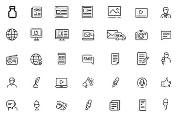 Editable news media icon set in line style, press and journalism symbols: newspaper, microphone, camera, live broadcast, vector illustration, newsroom interface, editorial layouts.