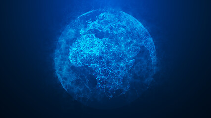 A digital globe in blue tones symbolizing intensity, energy and global connections. Lines and dots connecting continents highlight the network of interactions of the world