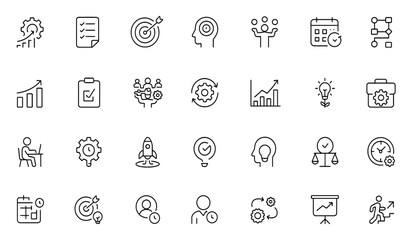 Line editable productivity icon set with efficiency, focus, multitasking, workflow, project management, time management, task prioritization, performance optimization, vector illustration.
