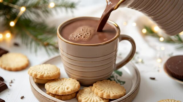 Hot chocolate pouring into a mug with shortbread cookies on a plate. Cozy festive holiday drink with garland lights footage.