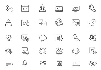 Programming & coding line icon set, editable stroke, vector illustration. Includes programmer, developer, API, web, algorithm, testing, cloud, UI, enterprise software solutions, workflow.