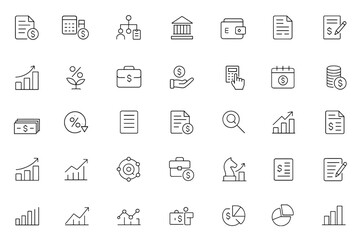 Budget Line Editable Icon Set, accounting, bookkeeping, expense management, fund allocation, invoice tracking, tax planning, cash flow control, financial planning, vector illustration.
