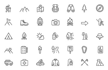 Hiking and Outdoor Adventure Editable Line Icon Set, symbols of mountain trails, camping tent, backpack, compass navigation, binoculars, mountain trail exploration, vector illustration.