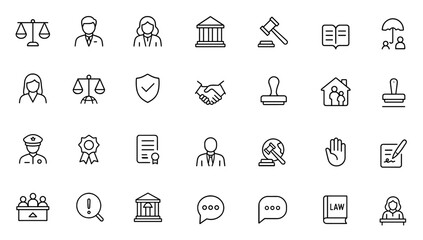 Editable court and justice icon set with lawyer, judge, gavel, scales, courthouse, briefcase, tribunal, legislation, evidence, witness, litigation, legal system icons, vector illustration.