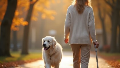 Golden Retriever Walk in Autumn Park