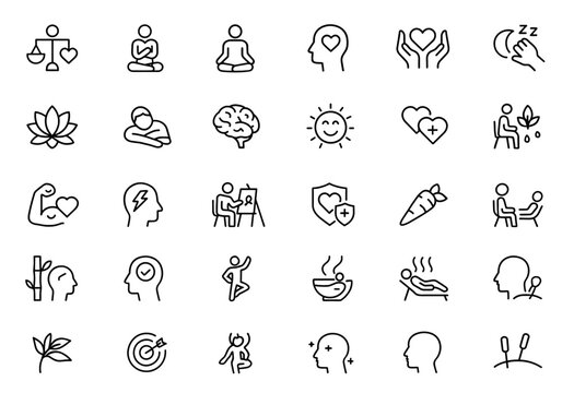 Editable line icon set of mental wellness vector illustration with work-life balance, self-love, meditation, yoga therapy, mindfulness, stress relief, self-care, wellbeing, psychotherapy. - Powered by Adobe