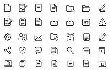 Files and Documents Line Icon Set: folder, contract, notes, edit, write, video, JPG, share, search, office productivity tools, document management workflow, vector illustration.