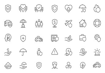 Obraz premium Editable Insurance Line Icon Set with Protection, Safety, Assurance, Health, Finance, Travel, Home and Business Coverage, Risk Management Icons, Vector Illustration, Policy Management Pack.
