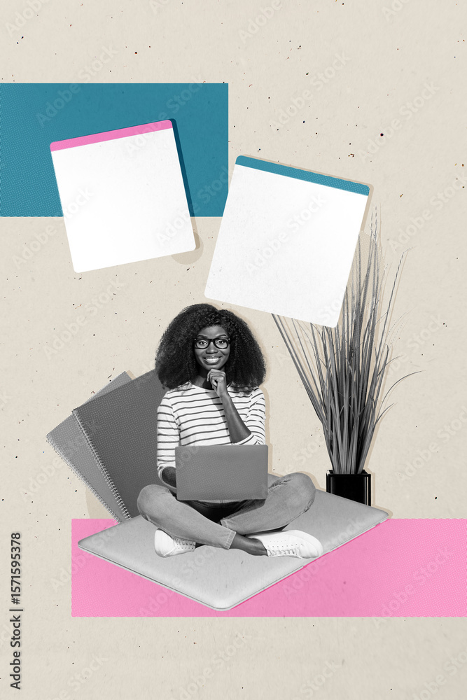 Fototapete trend template sketch design photo collage of student young lady sit work laptop copybook remote dev