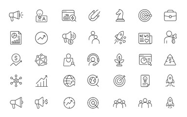 Marketing line editable icon set with campaign, branding, advertising, promotion, market research, strategy, target audience, business, communication, analytics, sales, vector illustration.