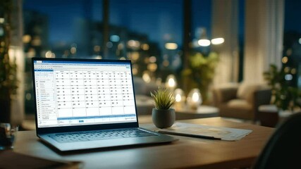 A professional desk setting with ambient lighting, where the laptop screen shows a calendar-linked file system, each digital folder tagged with icons for meetings, documents, and p