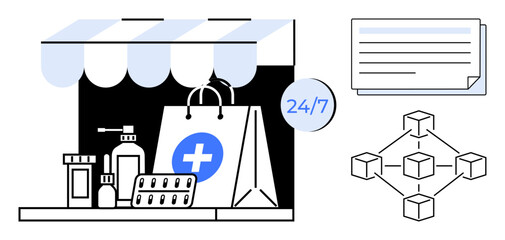 Pharmacy storefront with medicine bottles, blister packs, a medical bag, 247 sign, prescription pad, and blockchain diagram. Ideal for healthcare, online shopping, digital security blockchain