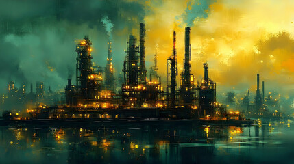 Industrial landscape Factory silhouettes reflected in water, yellow and teal tones, plumes rise to sky