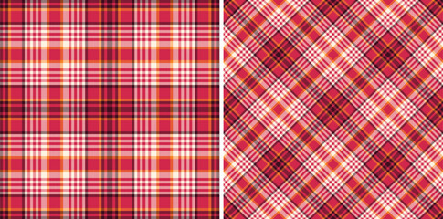 Vibrant red and orange plaid patterns, perfect for textile design, fashion, or website backgrounds.  Two seamless variations offer versatile options for creating visually appealing projects.
