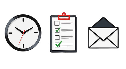 Clock with checklist and open envelope representing time management and organization skills