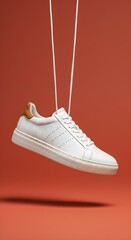 White athletic shoe with brown details suspended by laces against a solid bright orange background. Stylish footwear concept for advertising.