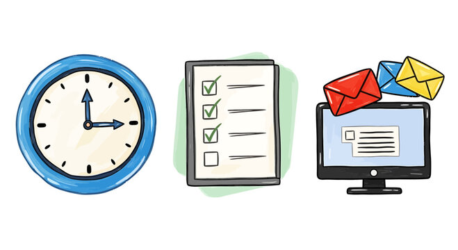 Clock showing time with checklist and computer with envelopes on a white background design