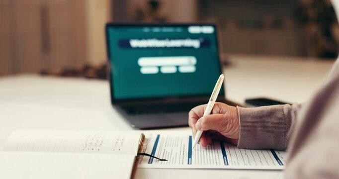 Laptop, registration and hands of woman writing on paper for application and schedule in home. Checklist, freelance course and senior female person in apartment with diary, form or education program