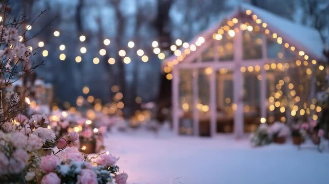 blurred garden party background on cozy snowy winter day animation