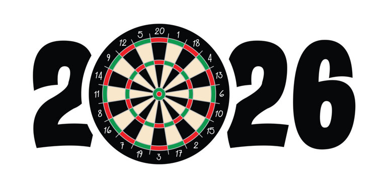 Best wishes, we wish you a happy new year 2026 wit dart board symbol. Dartboard icon. Game board and darts game. Sports equipment and arrows. Throw single, double or triple