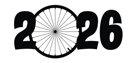 Happy new year 2026. Cartoon cycling wheels line pattern. Sport icon. Cyclist wheel logo or pictogram. Cycling or bike rims symbol. 2024 calendar, day.