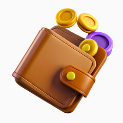 3d brown leather wallet with gold and purple coins