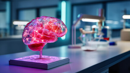 Glowing brain model with neural network patterns on display in science lab