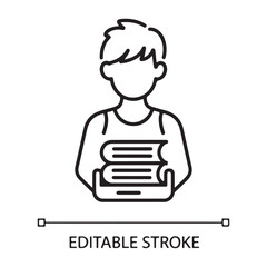 Person holding stack of books reading