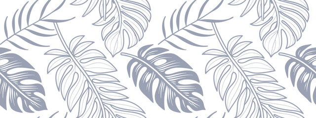 "Tropical Leaf Pattern Vector with Blue Line Art, Decorative Botanical Foliage, Hand-Drawn Jungle Plant Design, Elegant Nature Inspired Minimal Background for Prints 