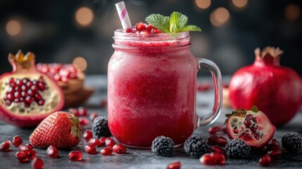 Vibrant red smoothie with pomegranate, strawberries, and blackberries