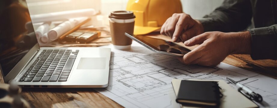 The hands of a designer interacting with a tablet on a construction project.