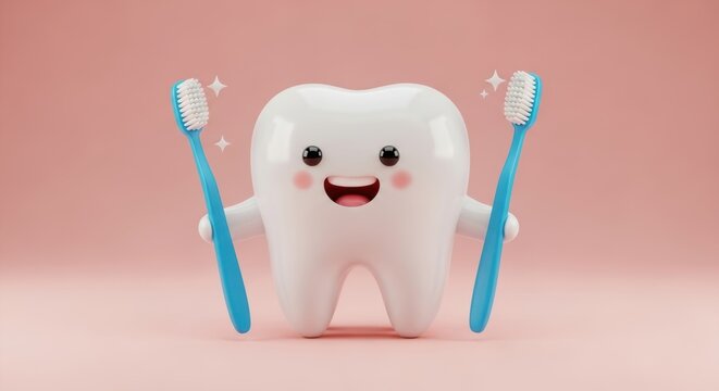 Cute smiling tooth character promoting dental health with toothbrushes on a pink background for pediatric dentistry