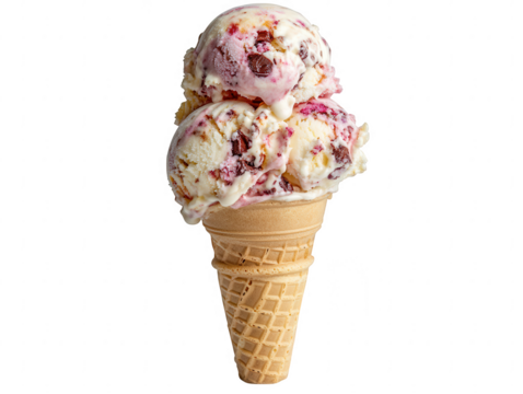 Delicious double scoop ice cream cone with berry and chocolate chunks isolated on transparent background