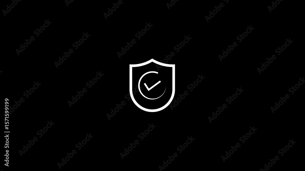 Poster shield icon with checkmark inside representing data security protection, digital privacy and confirm