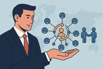 Businessman holding customer retention network. Concept for acquiring new clients, partnership, global business growth, expansion. Client loyalty, marketing strategy, CRM.