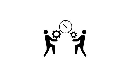 Teamwork and time management concept depicted with stick figures holding gears and clock symbolizing productivity and efficiency against a white background