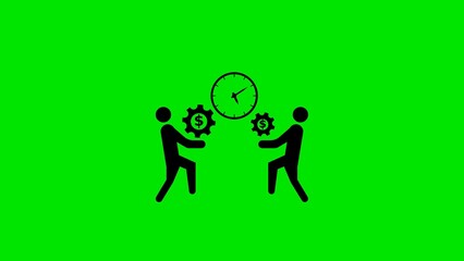 Financial productivity and time management conceptual illustration depicting teamwork for business success with clock and gear iconography on green screen background.