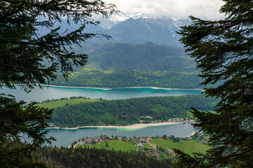 Herzogstand view to the Walchensee lake with a view though the forest trees