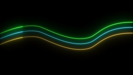 Abstract neon wavy lines in green blue and yellow against a black background presenting a futuristic and modern concept of technology and energy visualization.