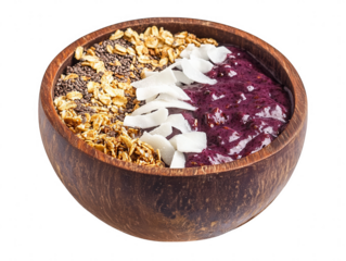 Healthy acai bowl with granola chia seeds and coconut flakes isolated on transparent background