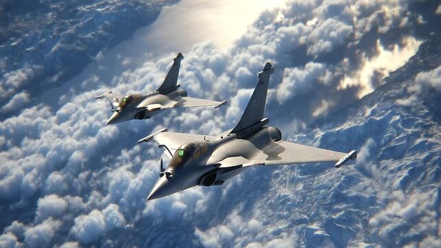 A French Dassault Rafale banking elegantly at high altitude, its delta wing and canard configuration visible against a vast ocean of cotton-white clouds below, sunlight glinting of