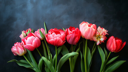 Modern floral wall art with lush peonies and tulips intertwined, dark moody background with intricate textures
