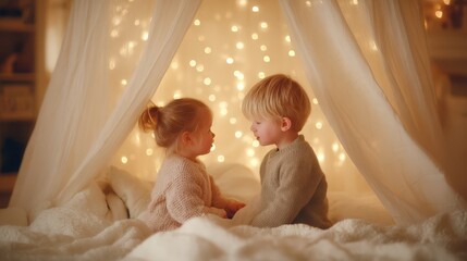 Two Children Building a Blanket Fort Indoors – Cozy Childhood Moment with Imagination and Play, Soft Light and Warm Tones, Family Bonding Scene for Home Life, Nostalgia, or Kids' Activities Concepts