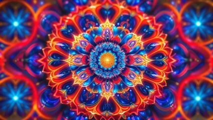 Vibrant symmetrical abstract mandala with red, blue, orange patterns, colorful spiritual loop in full HD 4K video