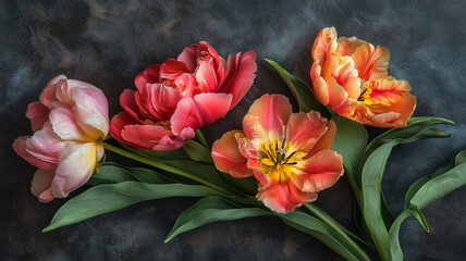 Modern floral wall art with lush peonies and tulips intertwined, dark moody background with intricate textures