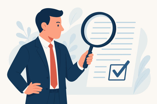 Businessman with magnifying glass reviews document for quality assurance. Legal audit, information research, investigation, proofreading, and checking concept.