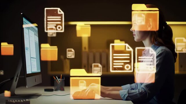 Professional woman organizing digital files and folders on computer. Modern office workspace with virtual file management system interface. Business data organization and document storage technology. - Powered by Adobe